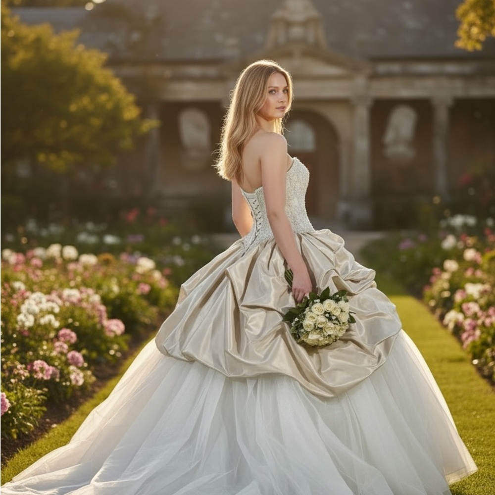 Strapless Ivory Ball Gown Wedding Dress with Draped Satin Skirt